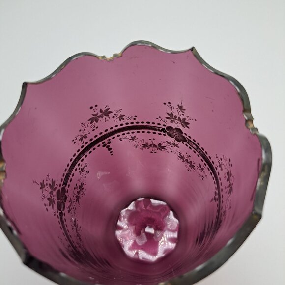 Hand-Painted Amethyst Enamel Floral Vase With Scalloped Rim - Picture 12 of 16